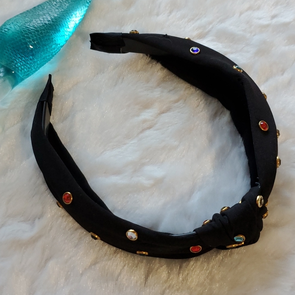 BLACK knotted headband multicolor rhinestones crystals gold rimmed stones gems - Picture 4 of 5